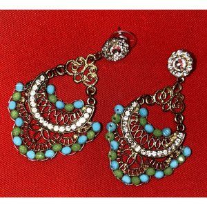 Chandelier Earrings Antique Gold, Turquoise Beads , White Crystal Rhinestones